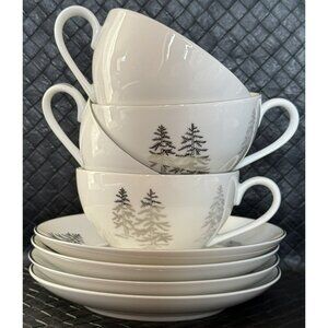 Fukagawa China Arita Silver Tree # 224 Set Of 4 Cups and Saucers Hand Painted